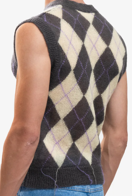 Marni Mens Argyle Light Grey Mohair Sweater Vest EU 48 US 38 Medium Purple
