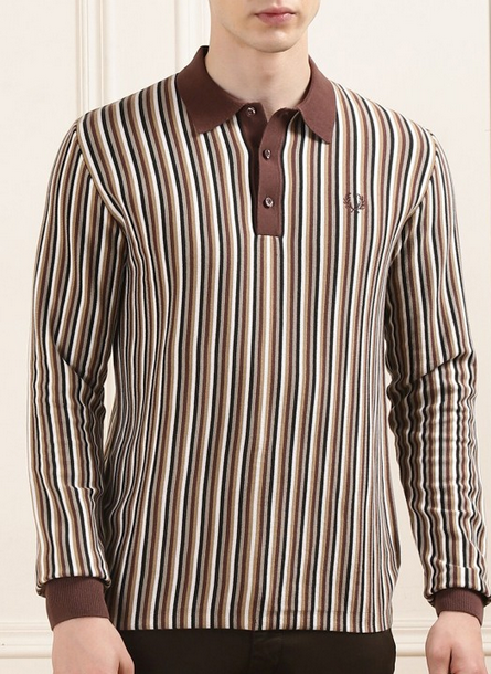 Fred Perry Mens Regular Fit Long Sleeve Polo Shirt Medium Brown Striped