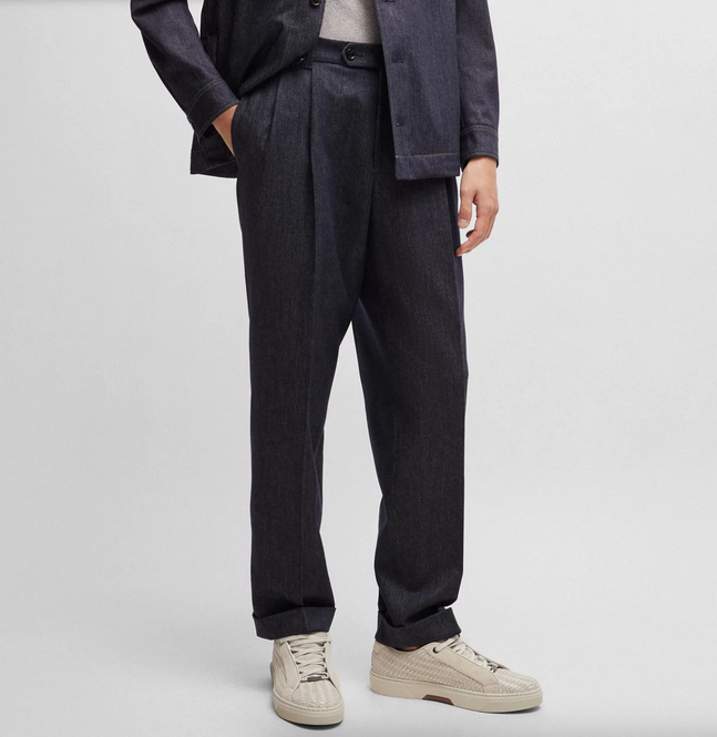 Hugo Boss Men Relaxed fit Pleated Dress Pants 36 / 36 Blue Solid – Bristol  Apparel Co