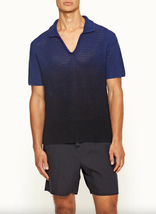 Orlebar Brown Roddy Mens Tailored Fit Open Knit Polo Shirt Blue Small