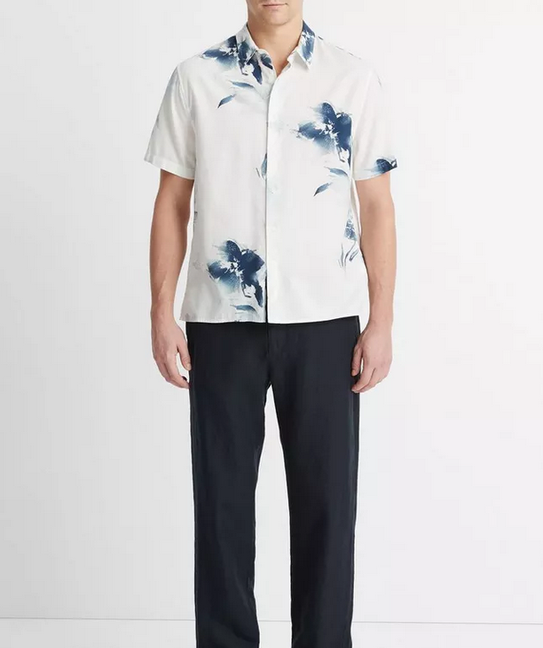 Vince Mens Classic Fit Short Sleeve Button Up Shirt Small White Blue Floral