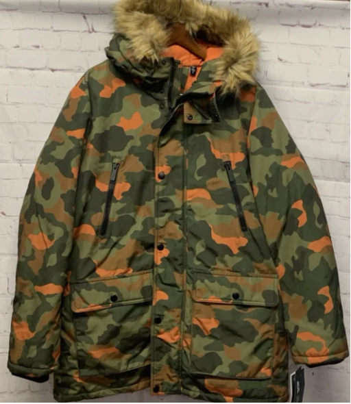 Club Room Mens Parka Coat XL Green Faux Fur Hood Camouflage