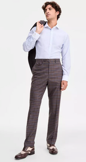 Tayion Mens Classic fit Dress Pants 34 / 30 Brown Plaid Stretch