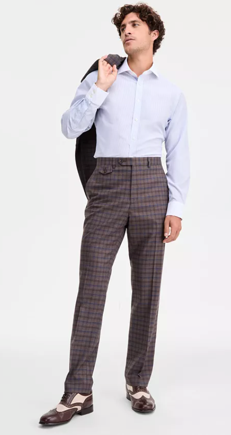 Tayion Mens Classic fit Dress Pants 34 / 30 Brown Plaid Stretch