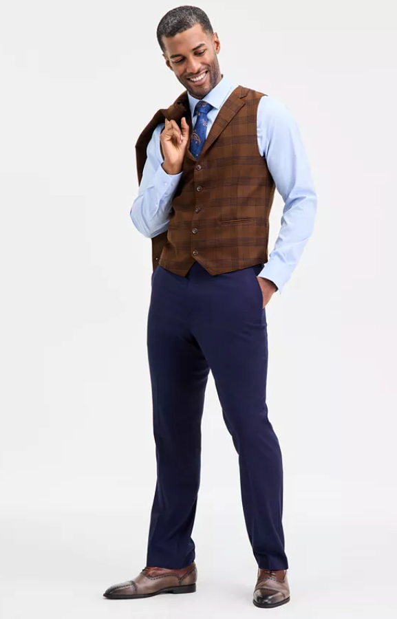 Tayion Mens Classic fit Suit Vest Small Brown Plaid