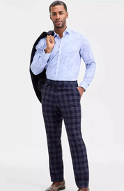 Tayion Collection Mens Classic fit Dress Pants 40 / 32 Blue Plaid Stretch
