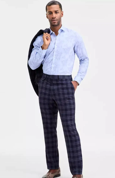 Tayion Collection Mens Classic fit Dress Pants 40 / 32 Blue Plaid Stretch