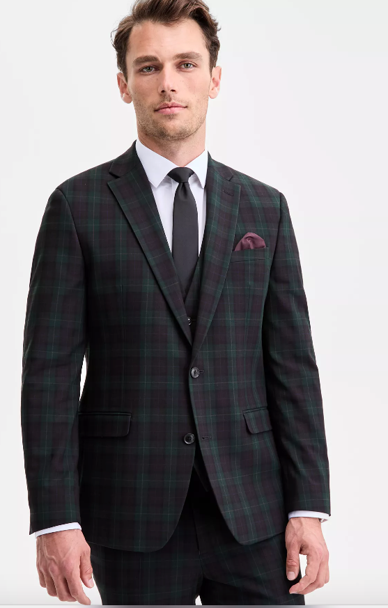 Bar III Mens Slim fit Sport Coat Blazer 44 R Green Plaid Stretch
