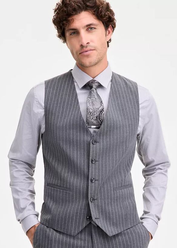 Tayion Mens Classic fit Suit Vest Large Gray Striped