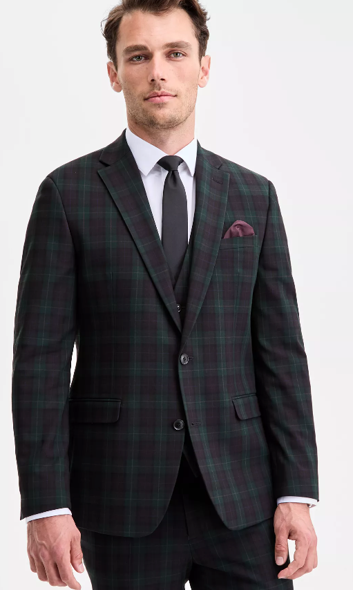 Bar III Mens Slim fit Suit Jacket Blazer 46 R Burgundy Red Plaid Stretch