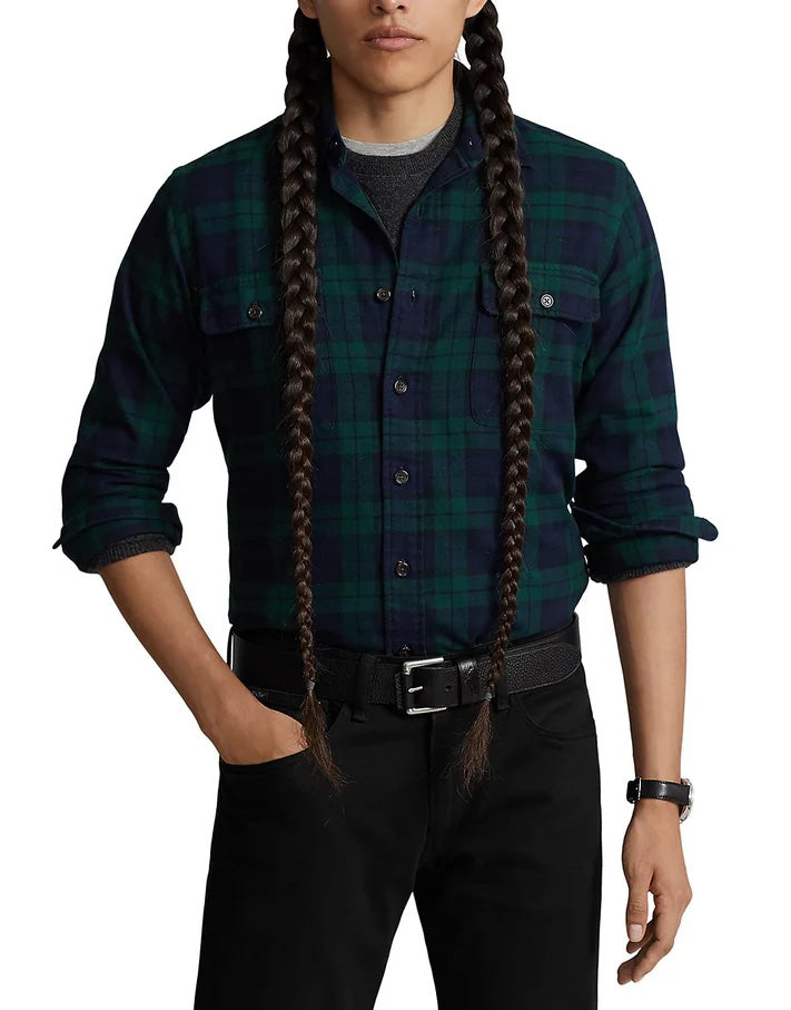 Polo Ralph Lauren Mens Button Down Plaid Flannel Work Shirt Blue Green Large