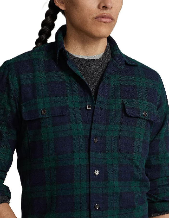 Polo Ralph Lauren Mens Button Down Plaid Flannel Work Shirt Blue Green Large