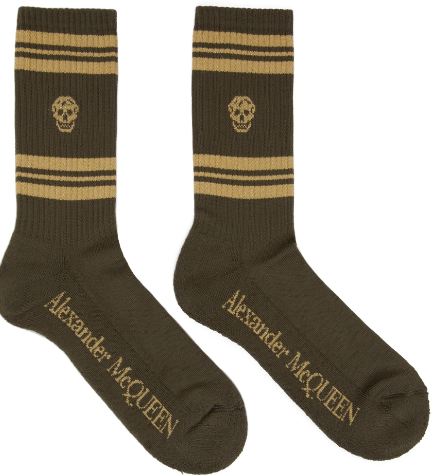 Alexander McQueen Men's Logo Skull Striped Crew Socks - Green Gold - Size Large