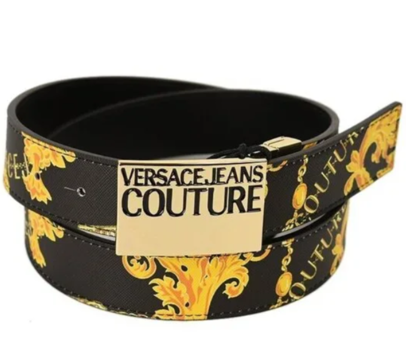 Versace Jeans Couture Men's Logo Print Leather Belt Black Gold Size 43 Inches