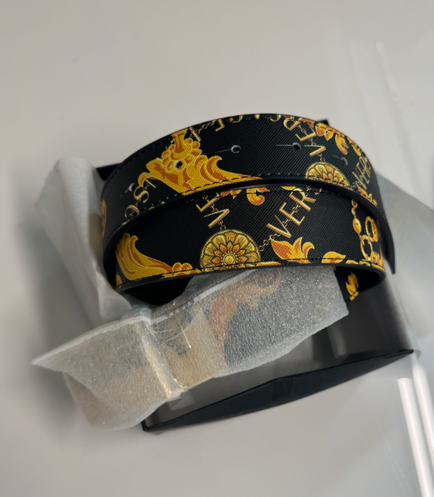 Versace Jeans Couture Men's Logo Print Leather Belt Black Gold Size 35