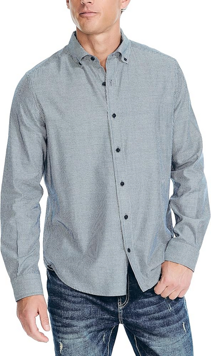 Nautica Men's Striped Button Down Long Sleeve Shirt Blue Large