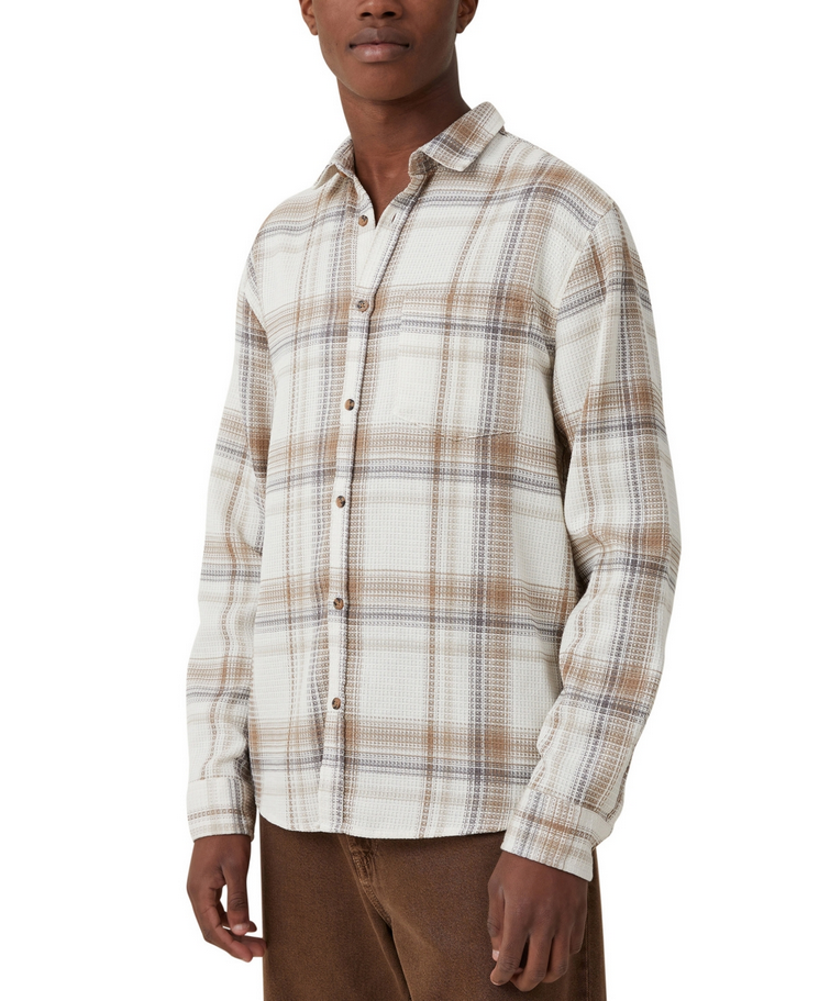 COTTON ON Mens Boston Button Down Shirt Off White Waffle Check Small