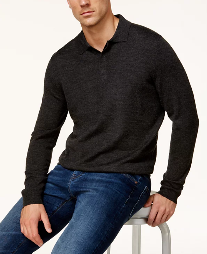 Club Room Mens Merino Henley Sweater Ebony Heather Small