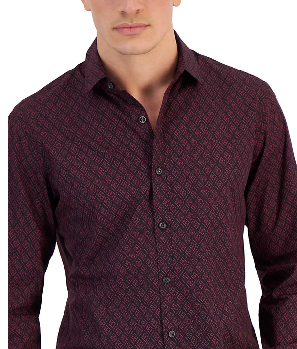 Alfani Mens Petal Geo Print Long Sleeve Button Down Shirt Port Black Small