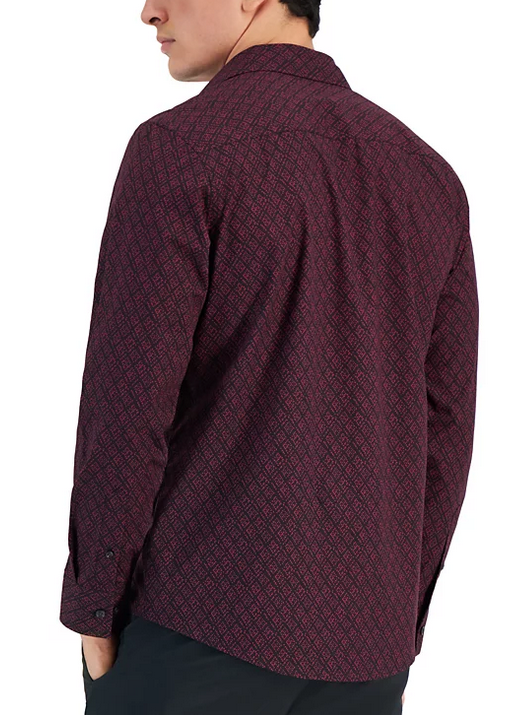 Alfani Mens Petal Geo Print Long Sleeve Button Down Shirt Port Black Small