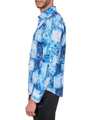 Society of Threads Mens Patchwork Print Button Down Shirt  White Blue Large
