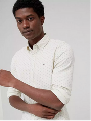 Tommy Hilfiger Men's Flex Slim Fit Brushed Twill Printed Shirt Beige Small