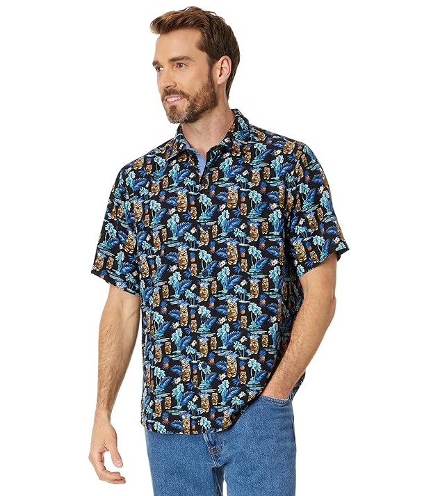 Tommy Bahama Mens Tiki Tropics Graphic Button Down Shirt Black XL