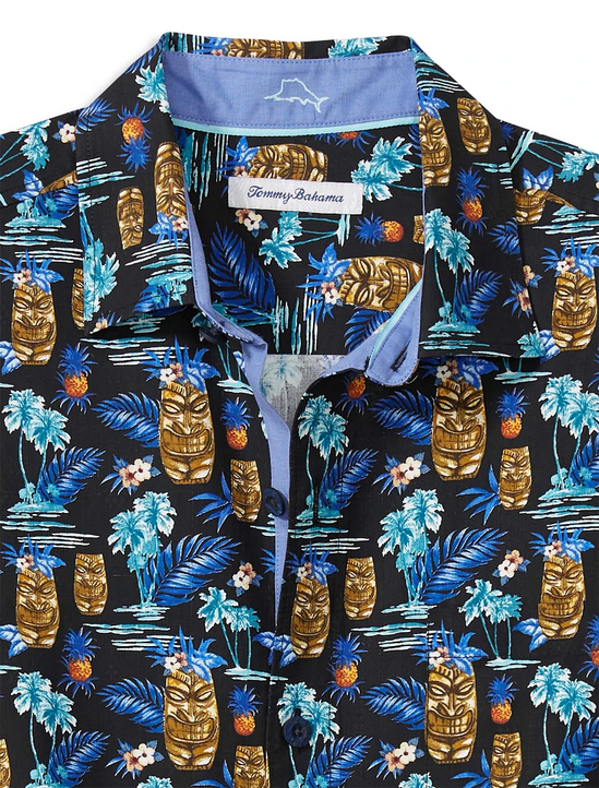 Tommy Bahama Mens Tiki Tropics Graphic Button Down Shirt Black XL