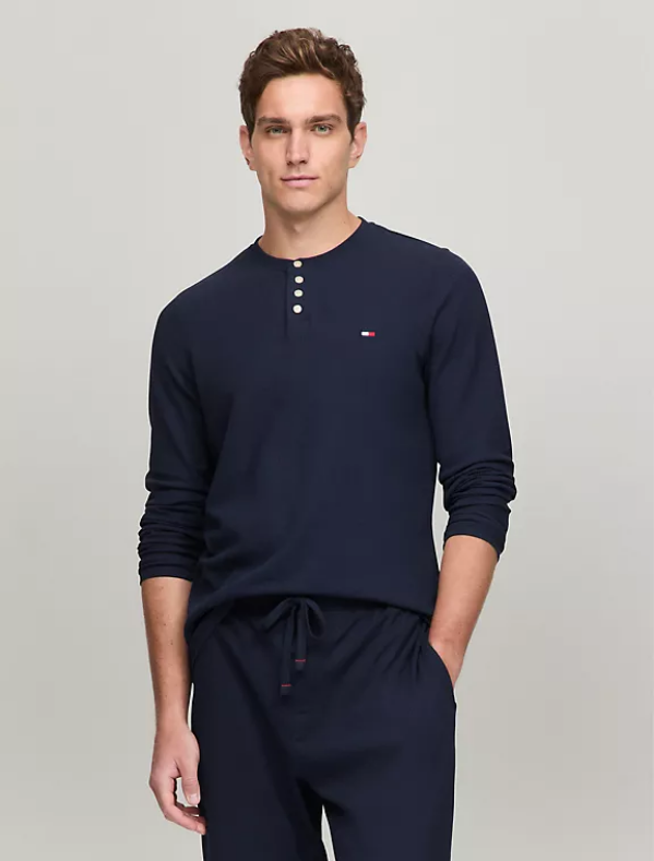 Tommy Hilfiger Men's Waffle Knit Long Sleeve Henley Shirt Dark Navy Large
