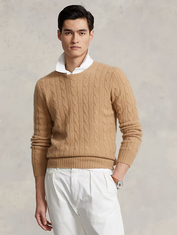 Polo Ralph Lauren Mens Cashmere Cable Knit Crewneck Sweater Small Camel Brown