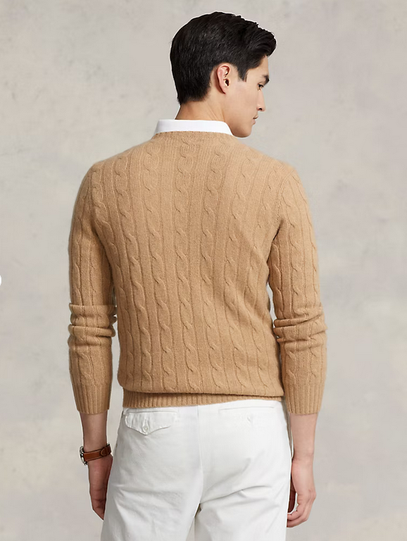 Polo Ralph Lauren Mens Cashmere Cable Knit Crewneck Sweater Small Camel Brown