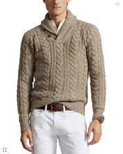 Polo Ralph Lauren Mens Wool Blend Cable Knit Shawl Collar Sweater Brown Medium