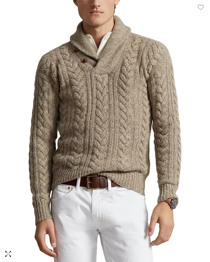Polo Ralph Lauren Mens Wool Blend Cable Knit Shawl Collar Sweater Brown Medium