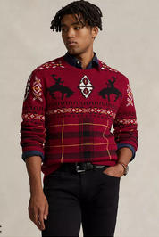 Polo Ralph Lauren Mens Western Inspired Fair Isle Wool Sweater Red Combo 2XL