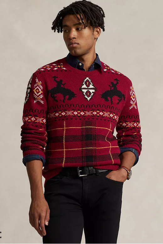 Polo Ralph Lauren Mens Western Inspired Fair Isle Wool Sweater Red Combo 2XL
