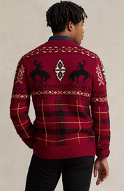 Polo Ralph Lauren Mens Western Inspired Fair Isle Wool Sweater Red Combo 2XL