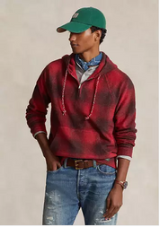 Polo Ralph Lauren Mens Plaid Brushed Fleece Half Zip Pullover Hoodie Red Medium