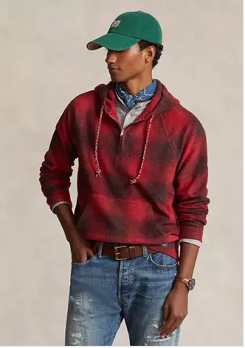 Polo Ralph Lauren Mens Plaid Brushed Fleece Half Zip Pullover Hoodie Red Medium