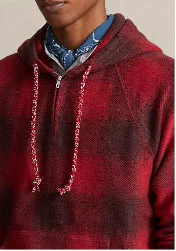 Polo Ralph Lauren Mens Plaid Brushed Fleece Half Zip Pullover Hoodie Red Medium