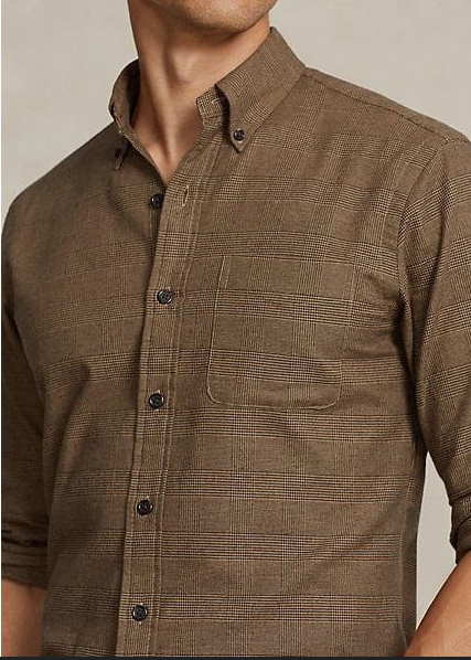 Polo Ralph Lauren Mens Cotton Twill Plaid Custom Fit Button Down Shirt Brown XL