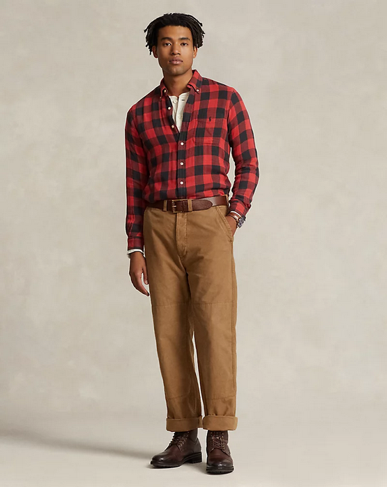 Polo Ralph Lauren Mens Cotton Check Classic Fit Button Down Shirt Red Medium