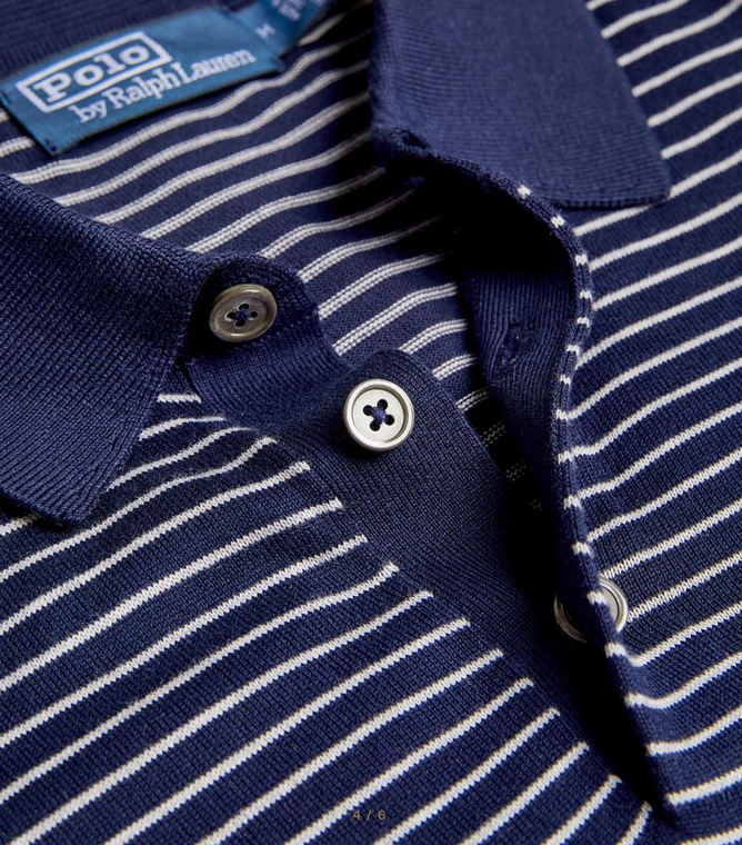 Polo Ralph Lauren Mens Striped Regular Fit Polo Collar Sweater Blue White XL