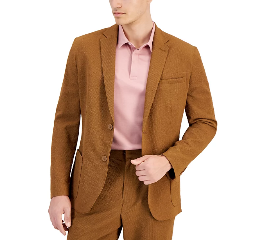 Alfani Men's Classic Fit Textured Seersucker Suit Jacket Brown Large