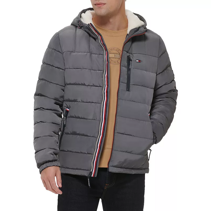 Tommy Hilfiger Mens Fitted Sherpa Lined Hood Puffer Jacket Charcoal Small