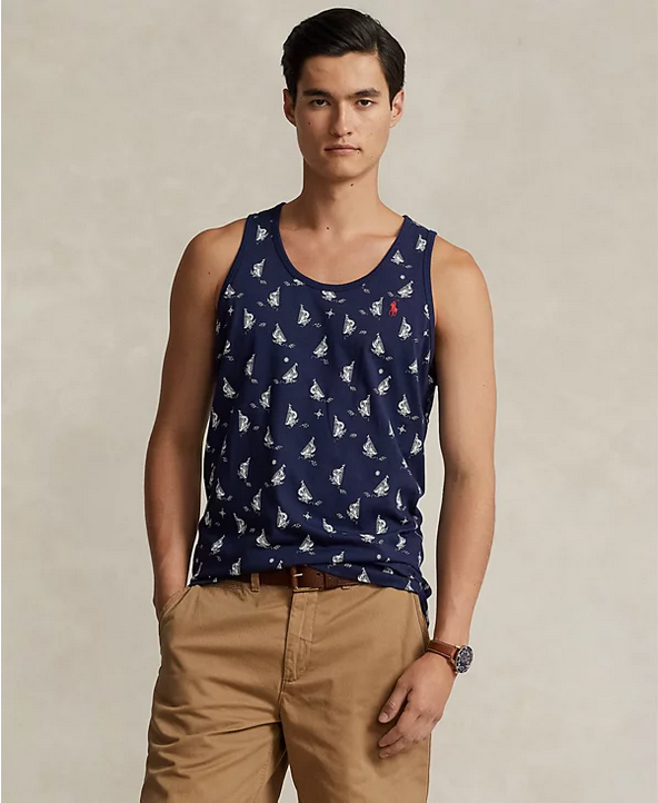 Polo Ralph Lauren Mens Cotton Printed Sleeveless Tank T Shirt Navy Sailboats XL