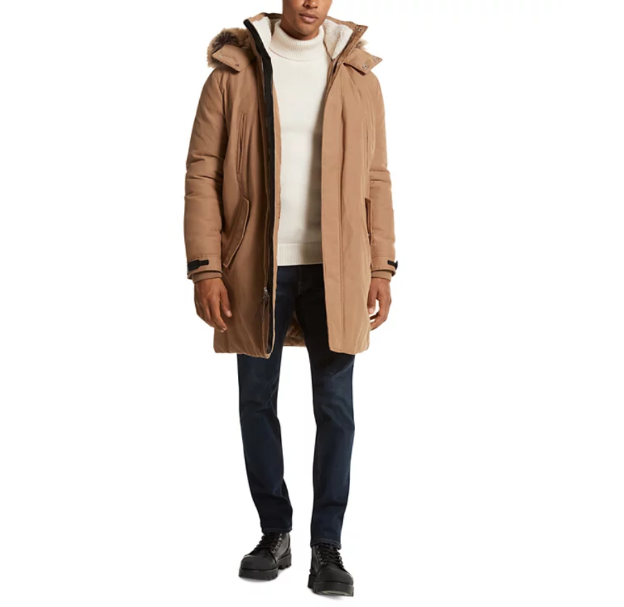 Michael Kors Mens Faux Fur Trim Hooded Parka Coat XL Brown Dark Camel