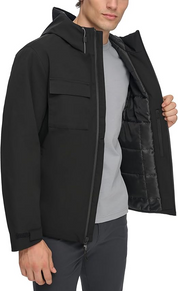 DKNY Men's Flex Tech Hooded Rain Jacket Slicker Black Small
