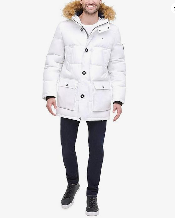 Tommy Hilfiger Mens Artic Faux Fur Long Snorkel Coat White Medium