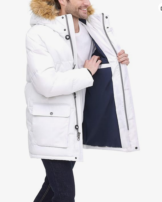 Tommy Hilfiger Mens Artic Faux Fur Long Snorkel Coat White Medium