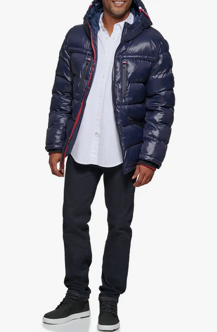 Tommy Hilfiger Men's Fashion Shine Quilted Hooded Puffer Jacket Navy Medium